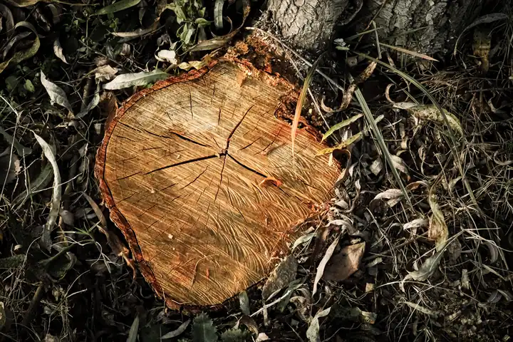 Detailed view of a tree stump with intricate wood texture and surrounding dry foliage.